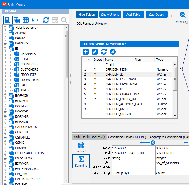 Build Query dialog with the Show Tables option selected.   All database tables are listed and can be selected to be included in the query.